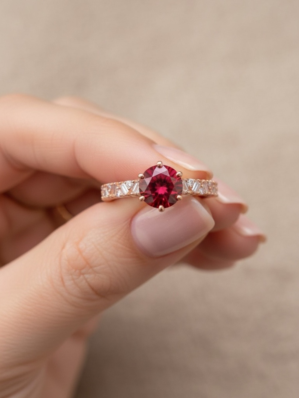 Rose Gold Plated Ring with Red Moissanite Stone.